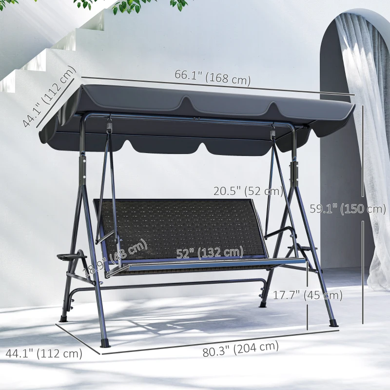 Outsunny 3-Seat Patio Swing Chair, Outdoor Canopy Swing Glider with Adjustable Shade, Grey