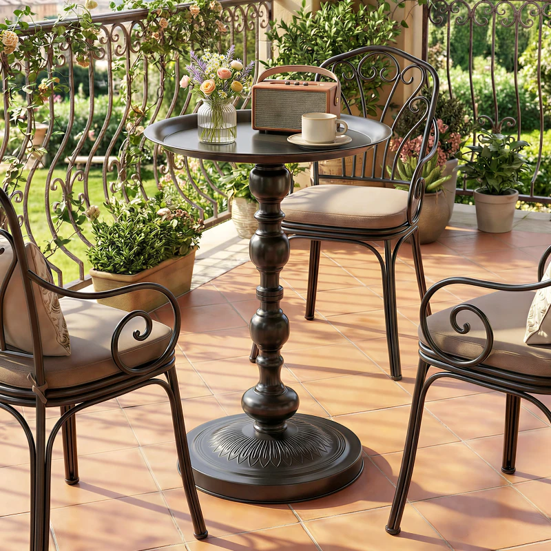 Outsunny 15.4" Round Outdoor Side Table, Tray Top Metal Patio Table with Retro Column Base for Indoor, Balcony, Garden, Black