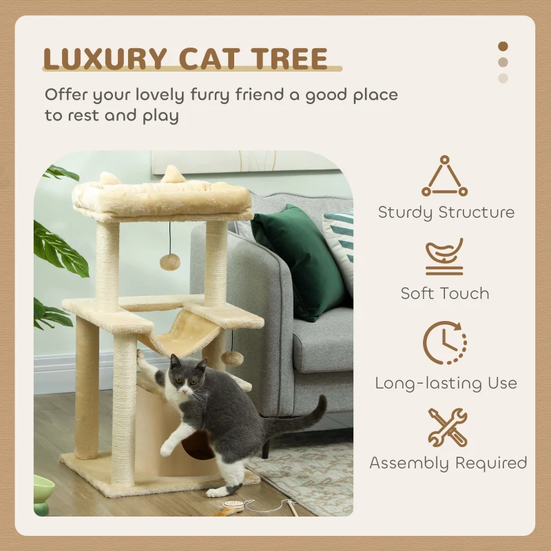 PawHut 39.25'' Cat Tree Tower Multi-Level Kitten House with Scratching Post Condo Hammock Bed Ball Toy - Beige