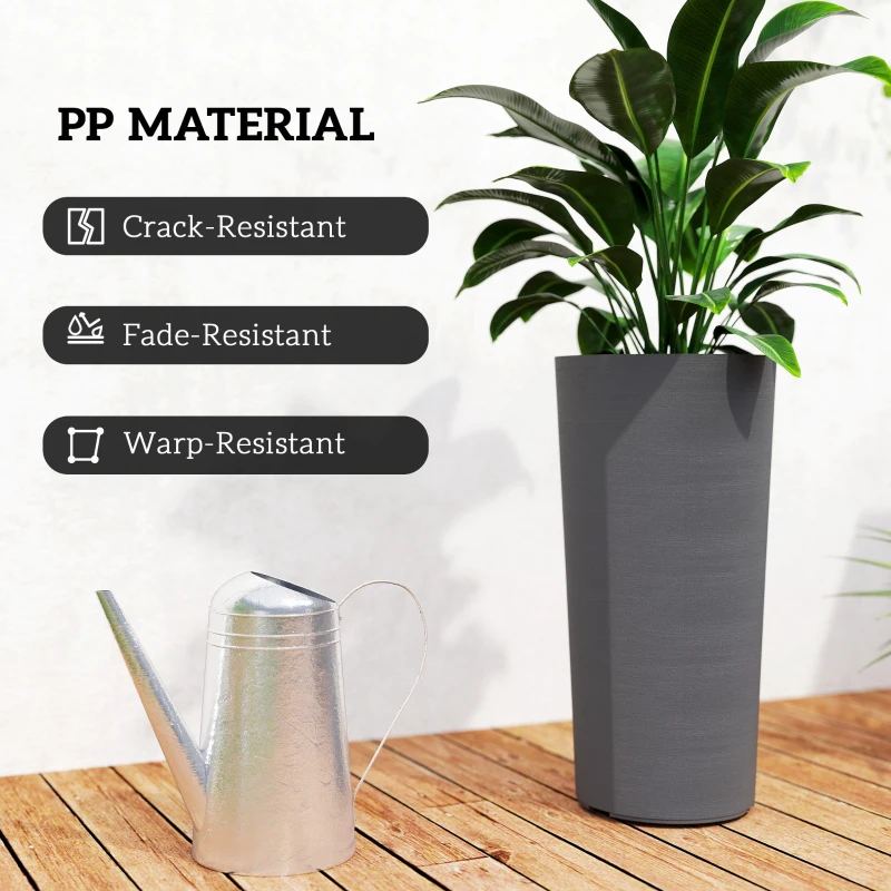 Outsunny 24" Tall Planters Set of 2, Indoor Outdoor Plastic Flower Pots with Inner Bucket and Drainage Holes, Dark Gray