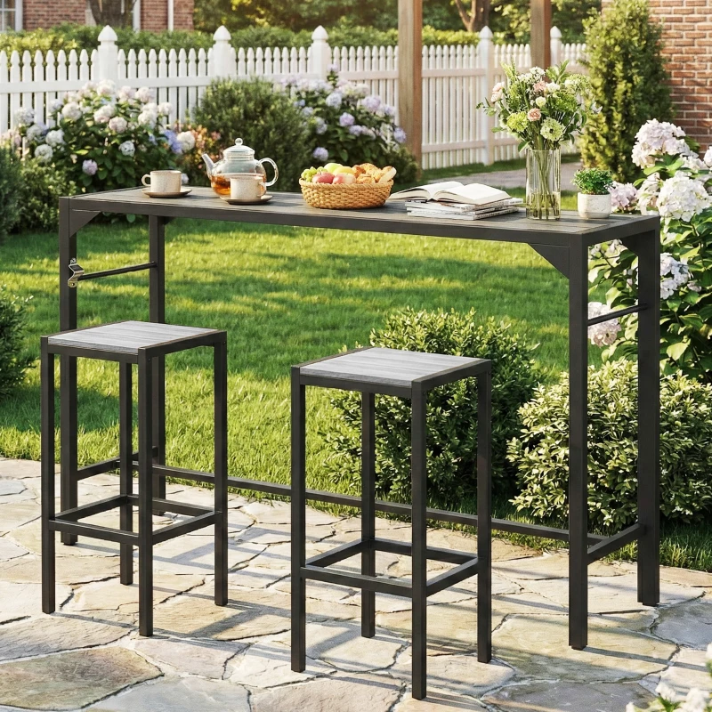 Outsunny Bar Height Outdoor Table with Built-In Bottle Opener, Patio Bar Table with Wood Grain Plastic Top, 55" x 15" x 39"