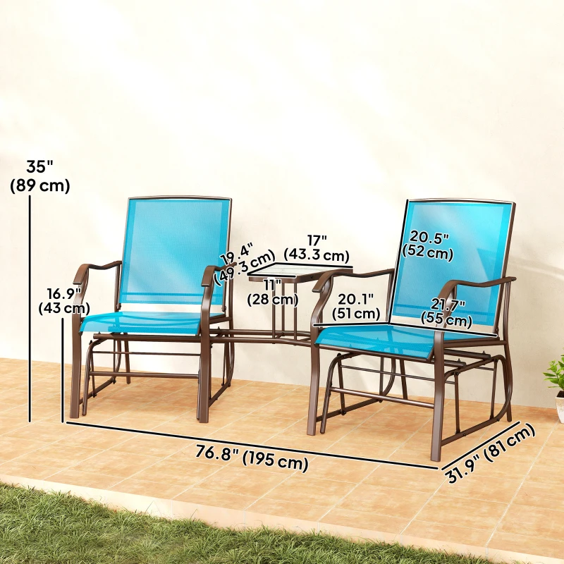 Outsunny Outdoor Glider Chair with Table, 2-Seat Patio Glider Loveseat with Breathable Mesh Fabric, Blue