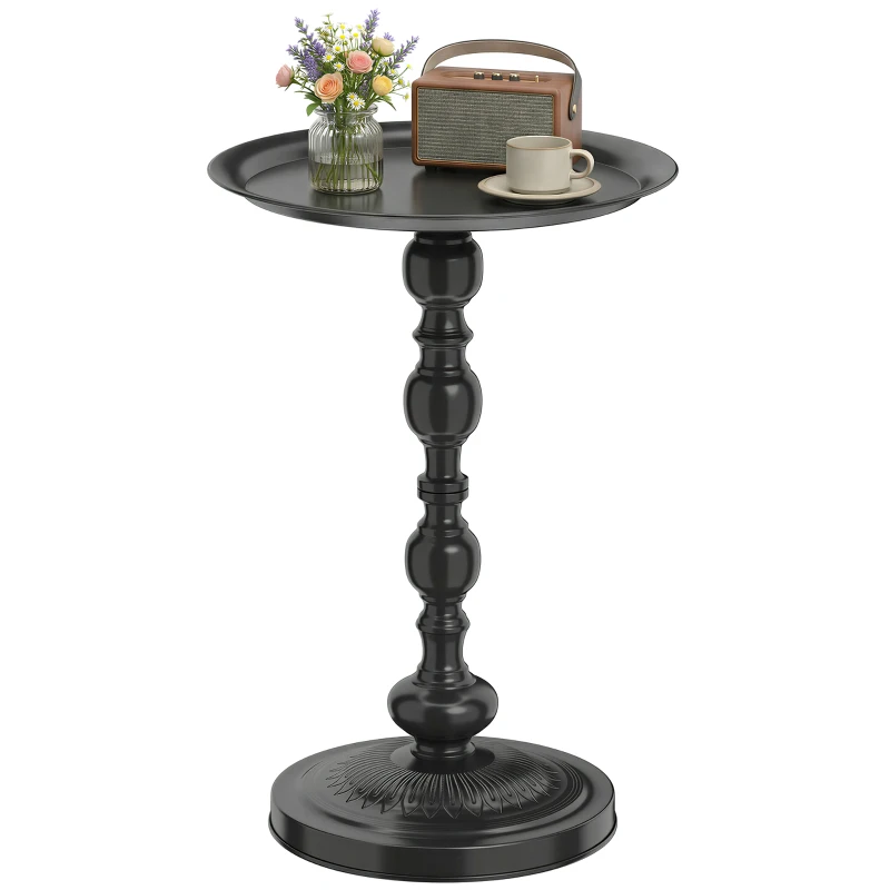 Outsunny 15.4" Round Outdoor Side Table, Tray Top Metal Patio Table with Retro Column Base for Indoor, Balcony, Garden, Black