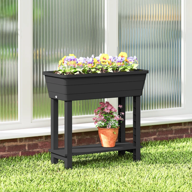 Outsunny 41L Self Watering Raised Garden Bed w/ Ventilation Transparent Lid Greenhouse, Planter Box w/ Storage Shelf, Black