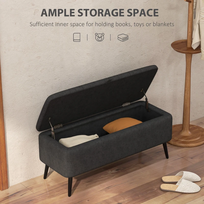 HOMCOM 40" Ottoman with Storage, Linen Upholstered Storage Ottoman Bench with Steel Legs for Living Room, Bedroom Black