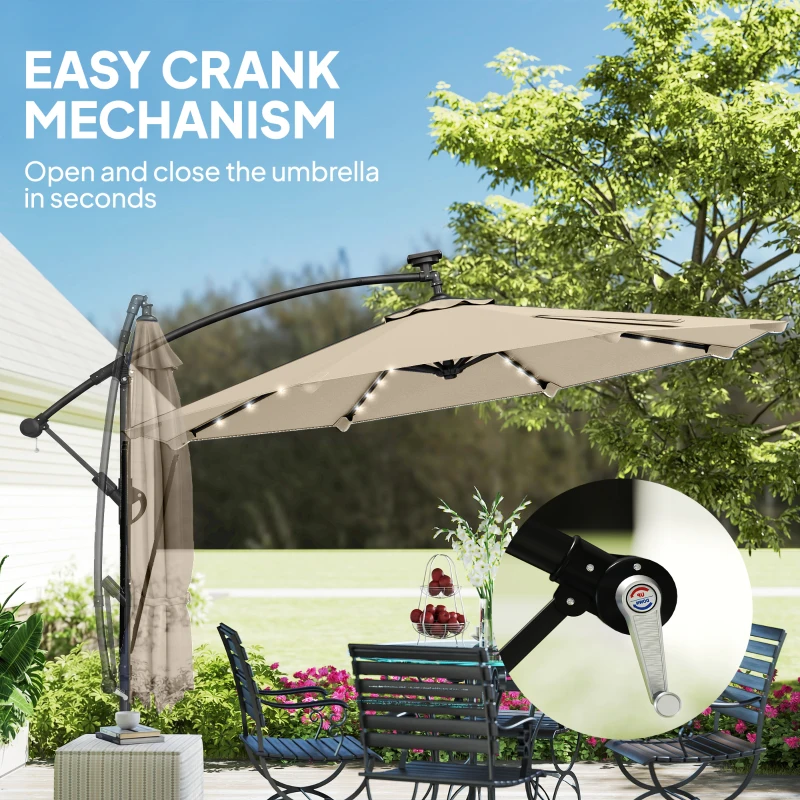 Outsunny 11.3 ft Cantilever Patio Umbrella with Light, Cover, Aluminium UPF50+ Offset Outdoor Umbrella Parasol, Khaki
