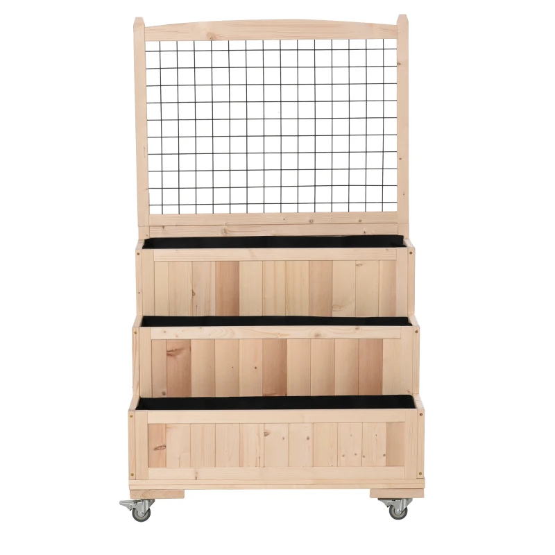 Outsunny 3-Tiers Raised Garden Bed with Trellis, 53" H Vertical Planter Box with Wheels & Back Storage Area, for Flowers, Vegetables, Herbs, Natural(m-14)