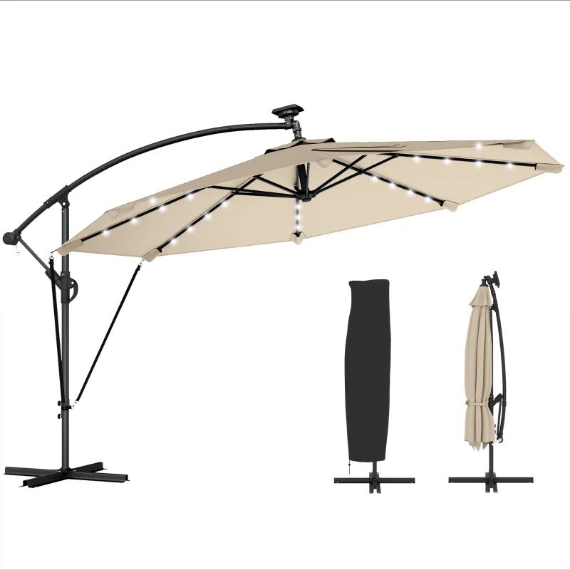 Outsunny 11.3 ft Cantilever Patio Umbrella with Light, Cover, Aluminium UPF50+ Offset Outdoor Umbrella Parasol, Khaki