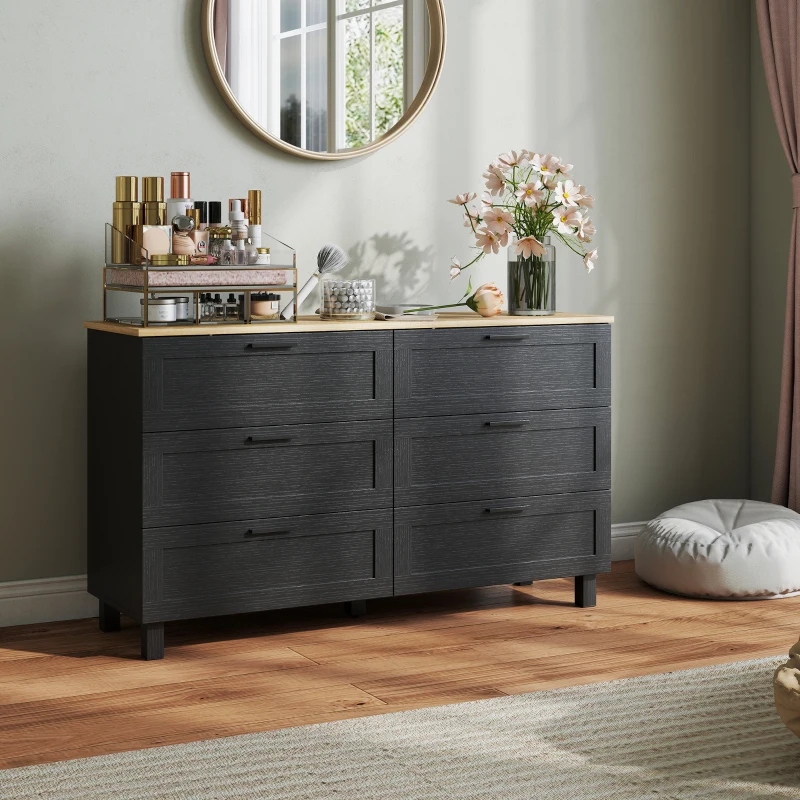 HOMCOM 47" Wide Chest of Drawers, Modern Dresser with 6 Drawers and Wood Legs for Bedroom, Living Room, Entryway, Black