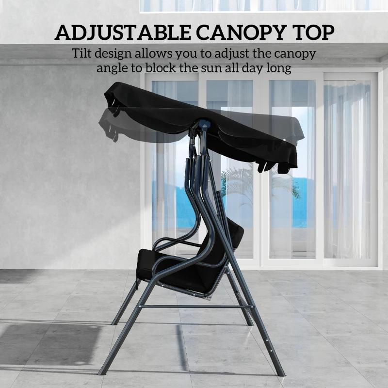 Outsunny Outdoor Porch Swing with Adjustable Canopy, 3-Seater Patio Swing Chair with Cushion, Black