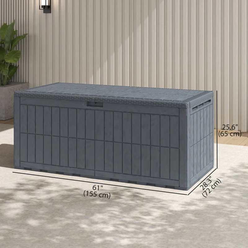 Outsunny 100 Gallon Resin Deck Box, Waterproof Lockable Outdoor Storage Box with Pneumatic Gas Rods, Side Handles