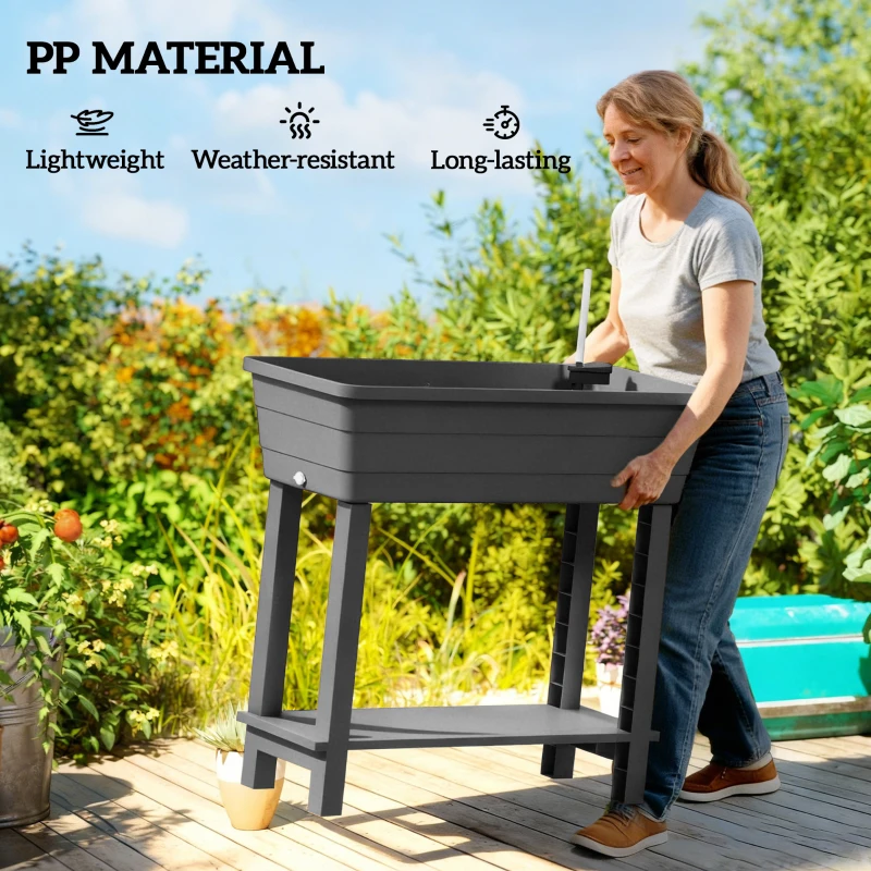 Outsunny 41L Self Watering Raised Garden Bed w/ Ventilation Transparent Lid Greenhouse, Planter Box w/ Storage Shelf, Black