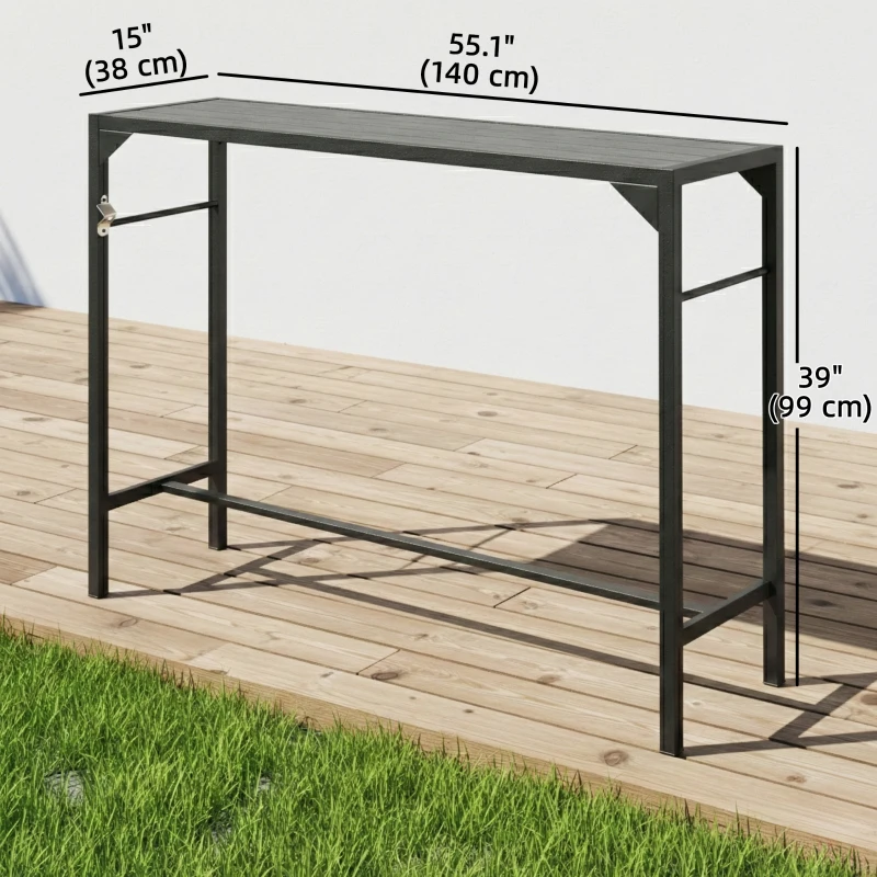 Outsunny Bar Height Outdoor Table with Built-In Bottle Opener, Patio Bar Table with Wood Grain Plastic Top, 55" x 15" x 39"
