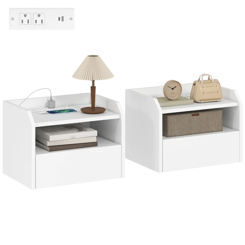 HOMCOM Wall Mounted Bedside Table, Set of 2 Floating Nightstand with Charging Station, Drawer and Open Shelf for Bedroom, White
