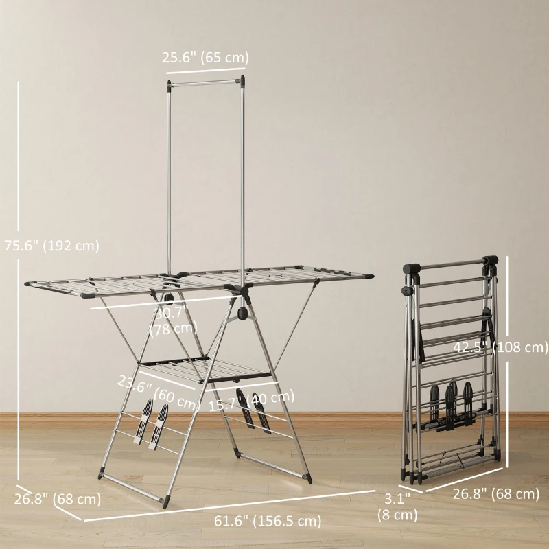 HOMCOM Clothes Drying Rack, Foldable Stainless Steel Laundry Drying Rack with Adjustable Gullwings and Shoe Holders, Silver
