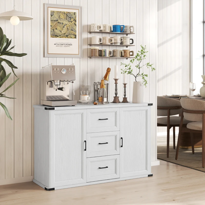 HOMCOM Sideboard with 3 Drawers and 2 Doors, 47" Buffet Cabinet with Adjustable Shelves for Kitchen, White Wood Grain