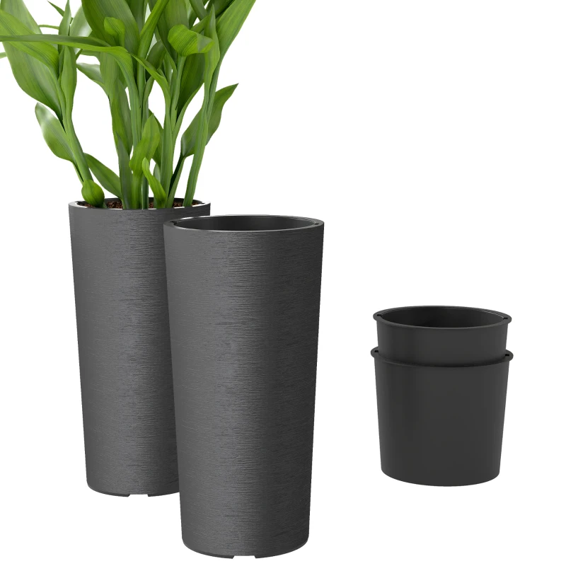 Outsunny 24" Tall Planters Set of 2, Indoor Outdoor Plastic Flower Pots with Inner Bucket and Drainage Holes, Dark Gray