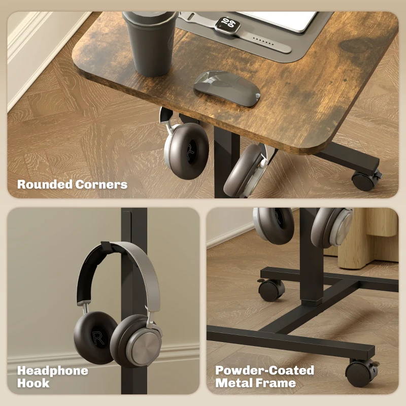 HOMCOM Height Adjustable Standing Desk, Pneumatic Sit Stand Desk with Wheels and Headphone Hook, Rustic Brown