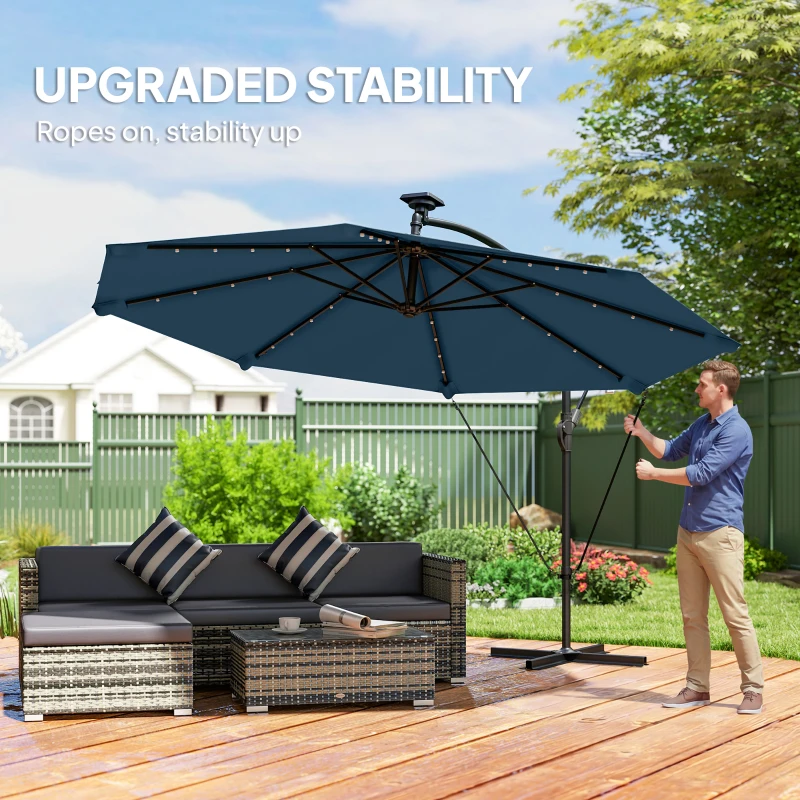 Outsunny 11.3 ft Cantilever Patio Umbrella with Light, Cover, Aluminium UPF50+ Offset Outdoor Umbrella Parasol, Navy Blue