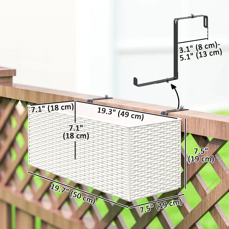 Outsunny 2 Pack 20 Inch Hanging Flower Pots, Railing Planter Box for Fence, Garden, Rattan Look, White
