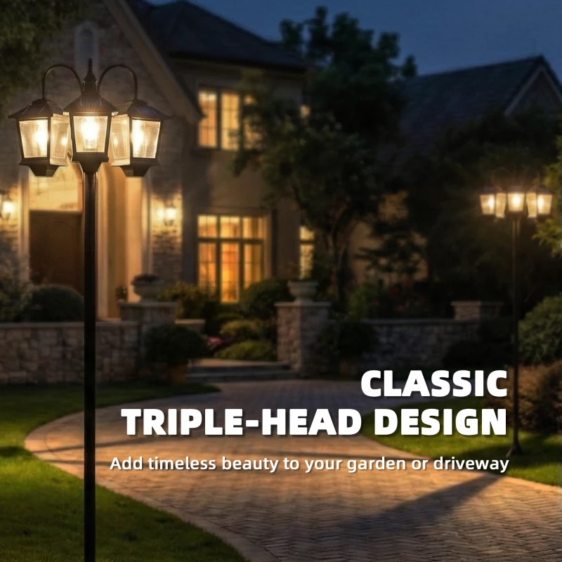 Outsunny 74" 3-Head Solar Lamp Post Light, Waterproof LED Solar Light Posts with Automatic Dusk-to-Dawn Sensor, IP44 Waterproof