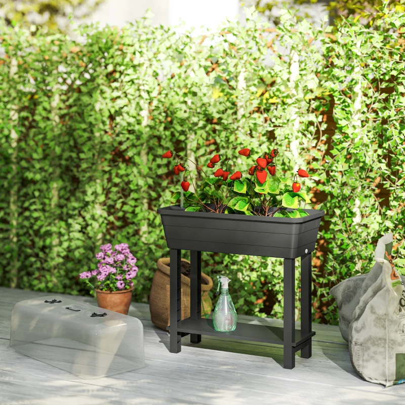 Outsunny 41L Self Watering Raised Garden Bed w/ Ventilation Transparent Lid Greenhouse, Planter Box w/ Storage Shelf, Black