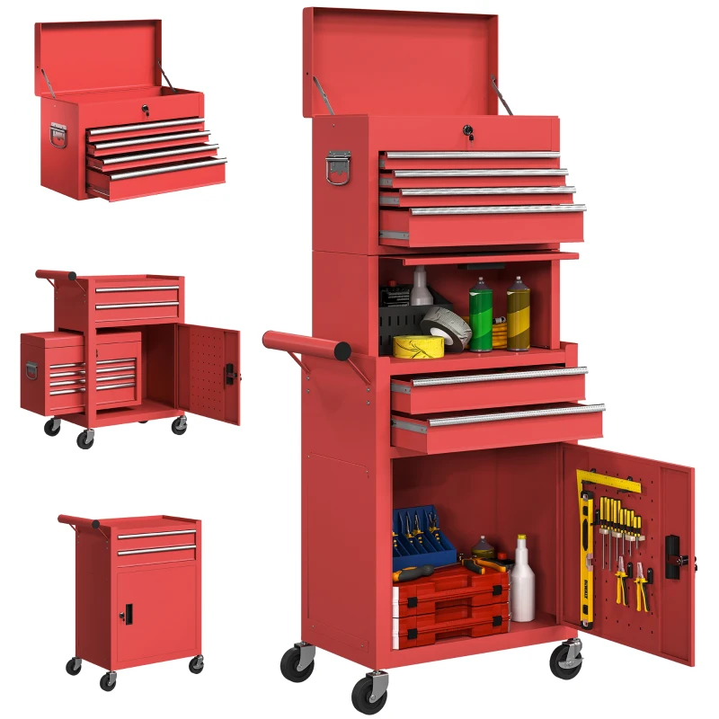 HOMCOM Large Tool Cabinet, 3-in-1 Rolling Tool Chest, Detachable Tool Storage Organizer with 6 Drawers and Pegboard, Red