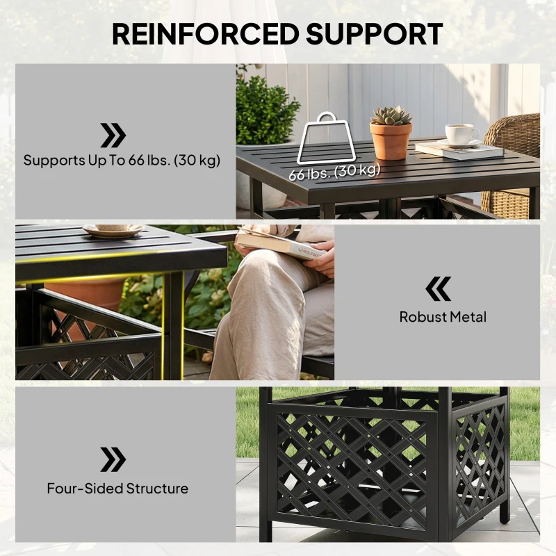 Outsunny 22" Outdoor Coffee Table, Patio Side Table with Umbrella Hole Slatted, Metal Top, for Garden, Backyard, Poolside, Black