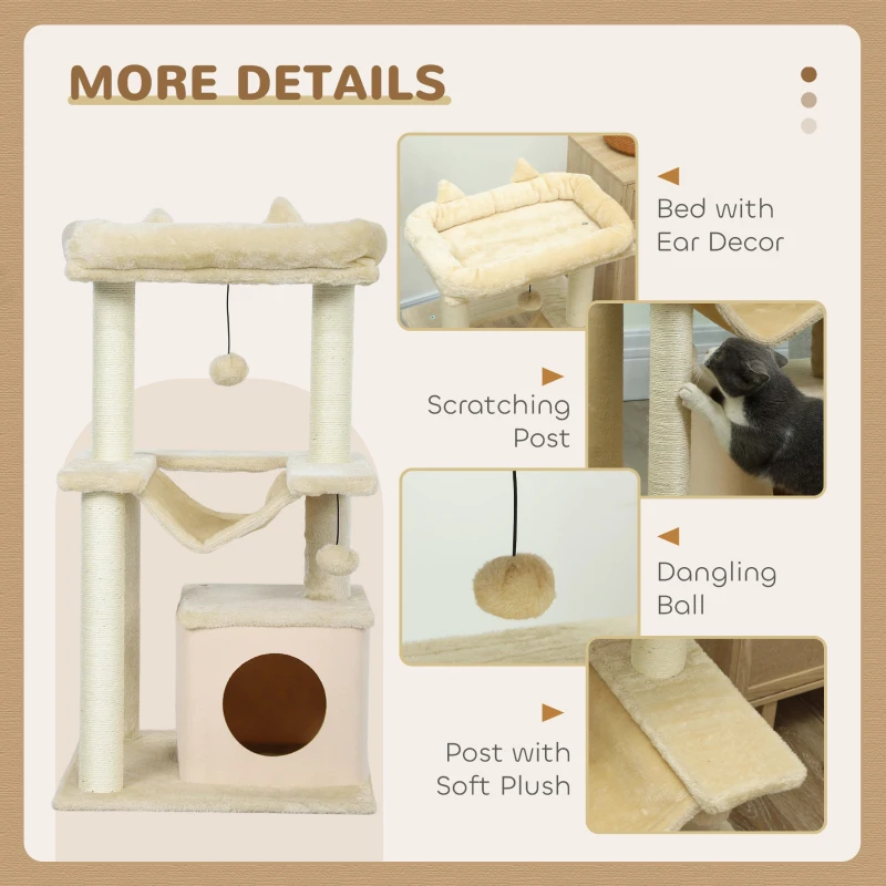 PawHut 39.25'' Cat Tree Tower Multi-Level Kitten House with Scratching Post Condo Hammock Bed Ball Toy - Beige
