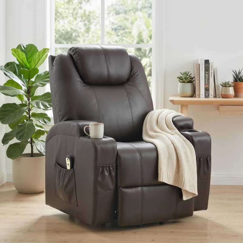 HOMCOM Power Lift Recliner Chair for Elderly, PU Leather Lift Chair with Thick and High Back, Footrest, Remote, Side Pockets, Cup Holders, Reclining Sofa for Living Room, Brown
