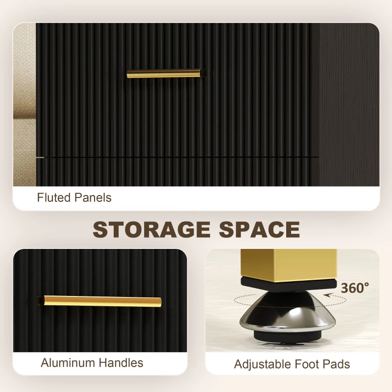 HOMCOM 2 Pieces Nightstands with Storage, Modern Bedside Tables with 2 Fluted Drawers and Gold Legs for Bedroom, Black