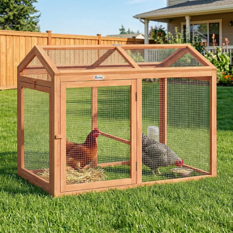 PawHut Wooden Chicken Run, Outdoor Chicken Coop with Perch and Dual Doors, Combinable Hen House Rabbit Hutch for Backyard