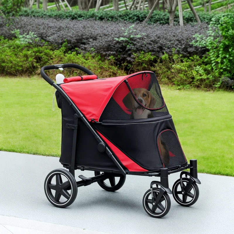 PawHut Foldable Pet Stroller with Universal Front Wheels, Shock Absorber, Dog Cat Carriage for Large & Medium Dogs, Red