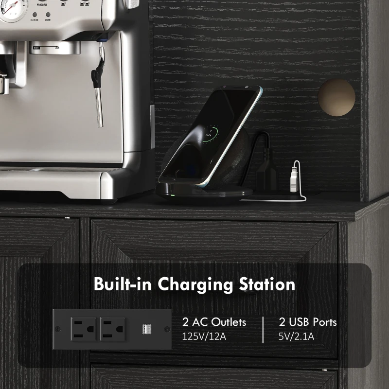 HOMCOM 71" Pantry Cabinet with Charging Station, Kitchen Storage Cabinet with Microwave Stand, Adjustable Shelves, Black