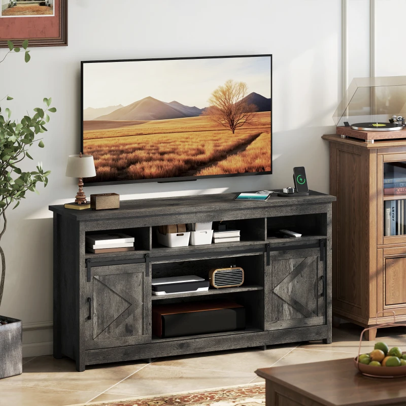 HOMCOM TV Stand with Power Outlets, Sliding Barn Doors and Adjustable Shelves for 72 Inch TVs, Dark Grey(m-8)