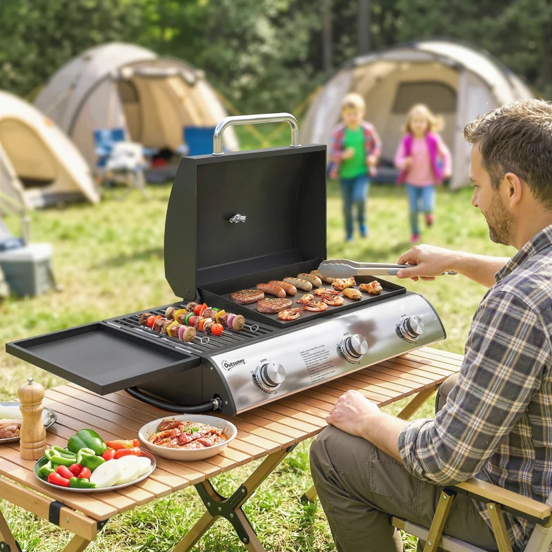 Outsunny 3 Burner Portable Propane Gas Grill Griddle, Tabletop Grill & Griddle Combo with Adjustable Foot Pads, 28,500 BTU, Black