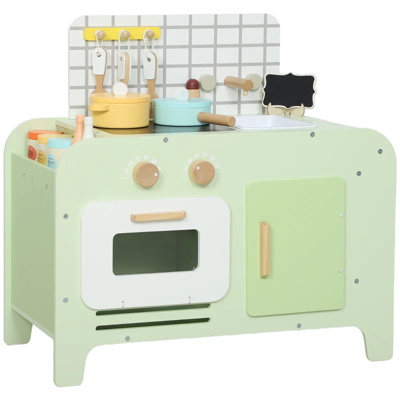 Qaba Kids Kitchen Playset with 15 Accessories, Microwave Oven, Cabinets, for Boys and Girls Ages 3+, Green