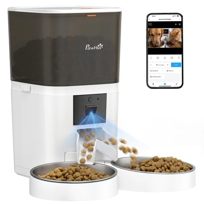 PawHut Automatic Cat Feeder for 2 Cats with HD Camera，2.4G & 5G WiFi Pet Food Dispenser 6L APP Control