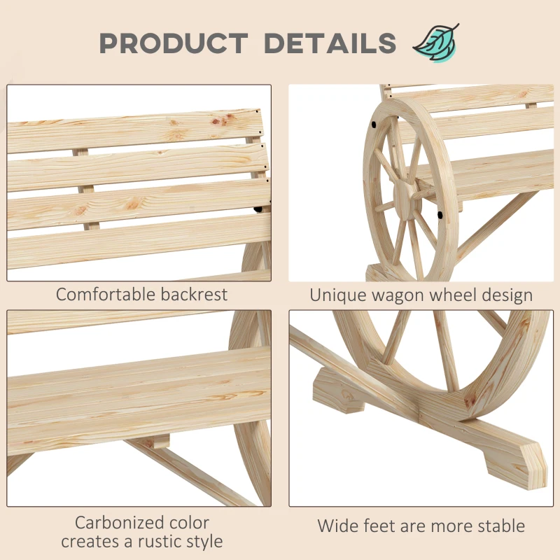 Outsunny 42" Wood Wagon Wheel Bench Garden Loveseat Rustic Seat, Natural Wood