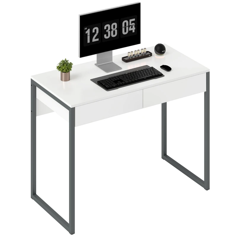 HOMCOM High Gloss Home Office Desk, 39" x 20" Computer Desk with 2 Drawers for Small Spaces, White and Grey