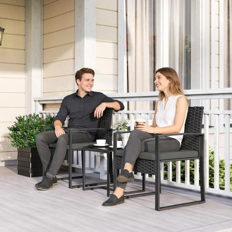 Outsunny Outdoor Bistro Set, 3 Piece Wicker Patio Furniture Set with Glass Top Table and Cushions for Porch, Balcony, Dark Grey