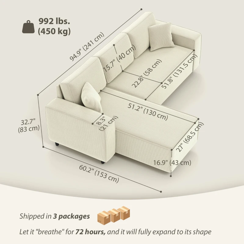 HOMCOM Corner Sofa with Changeable Chaise, Corduroy L-Shaped Sectional Sofa with Pocket Spring, 2 Pillows, Cream White