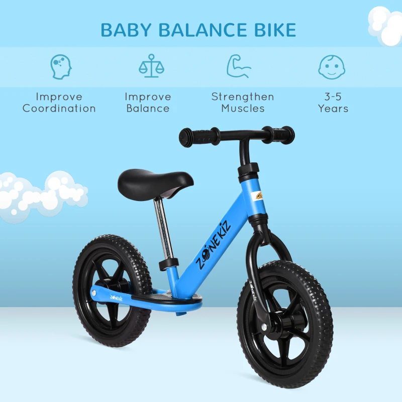 Qaba 12" Kids Balance Bike No Pedal Bicycle Adjustable Seat and Handlebar Training Toddler Bike 3 - 5 Years Blue