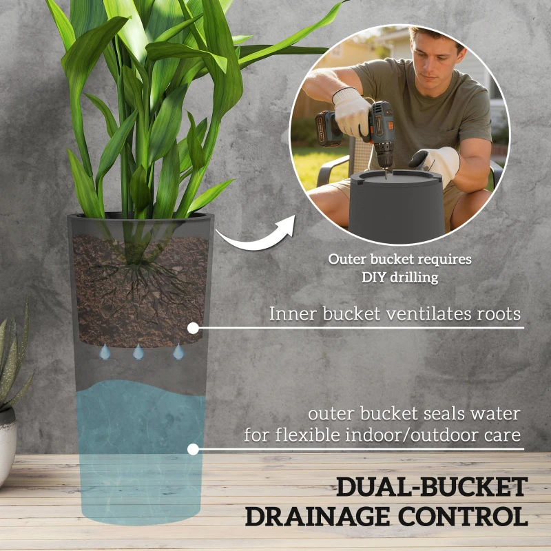 Outsunny 24" Tall Planters Set of 2, Indoor Outdoor Plastic Flower Pots with Inner Bucket and Drainage Holes, Dark Gray