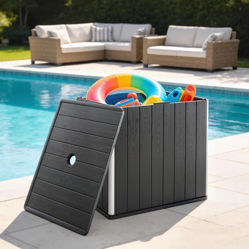 Outsunny 30 Gallon Storage Box, Outdoor Side Table with Umbrella Holder, Black