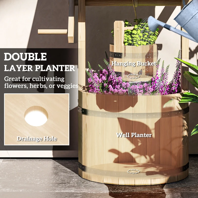 Outsunny Wood Wishing Well Outdoor Wooden Planter with Hanging Bucket and Drainage Hole for Garden, Patio, Backyard, Natural