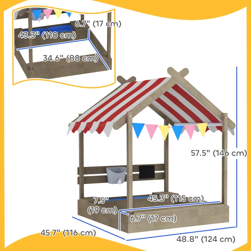 Outsunny Outdoor Wooden Sandbox with Cover for 3-7 Years Old, Backyard, Grey
