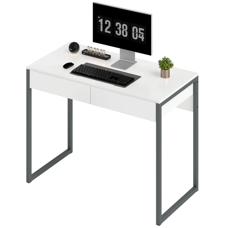 HOMCOM High Gloss Home Office Desk, 39" x 20" Computer Desk with 2 Drawers for Small Spaces, White and Grey