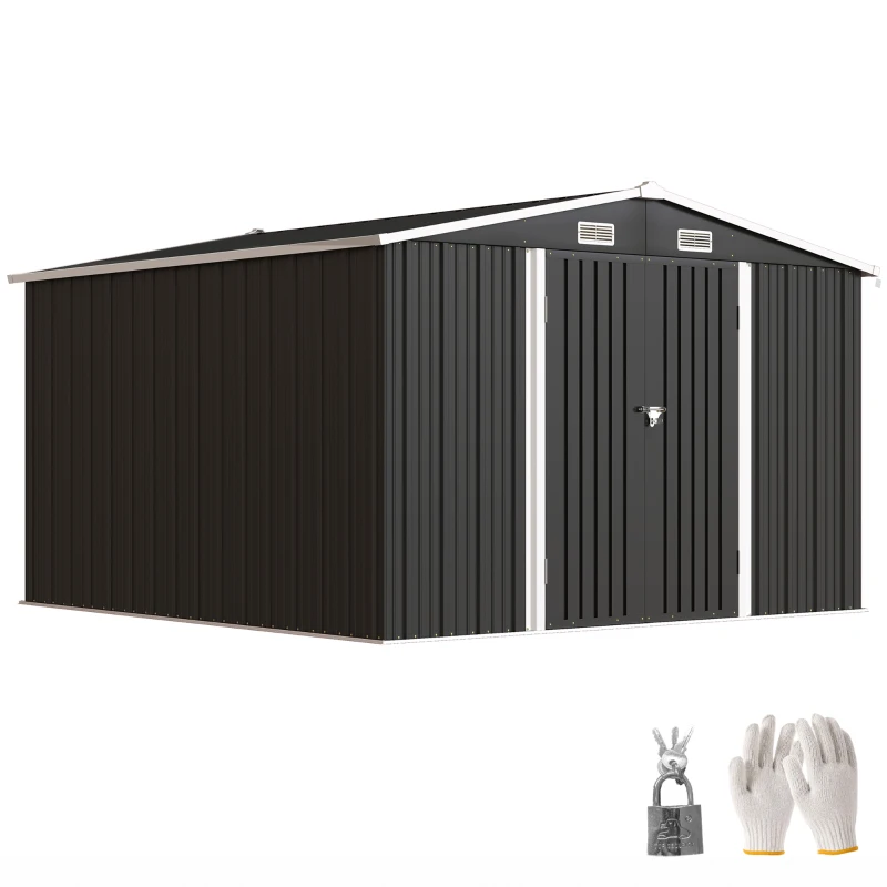 Outsunny 10' x 10' Metal Shed, Heavy Duty Outdoor Storage Shed with 4 Vents and Lockable Double Doors, Dark Grey