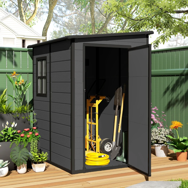 Outsunny 4'x5' Garden Storage Shed, Lean to Shed, Lockable Garden Tool Storage House with Window, Vent, Dark Grey
